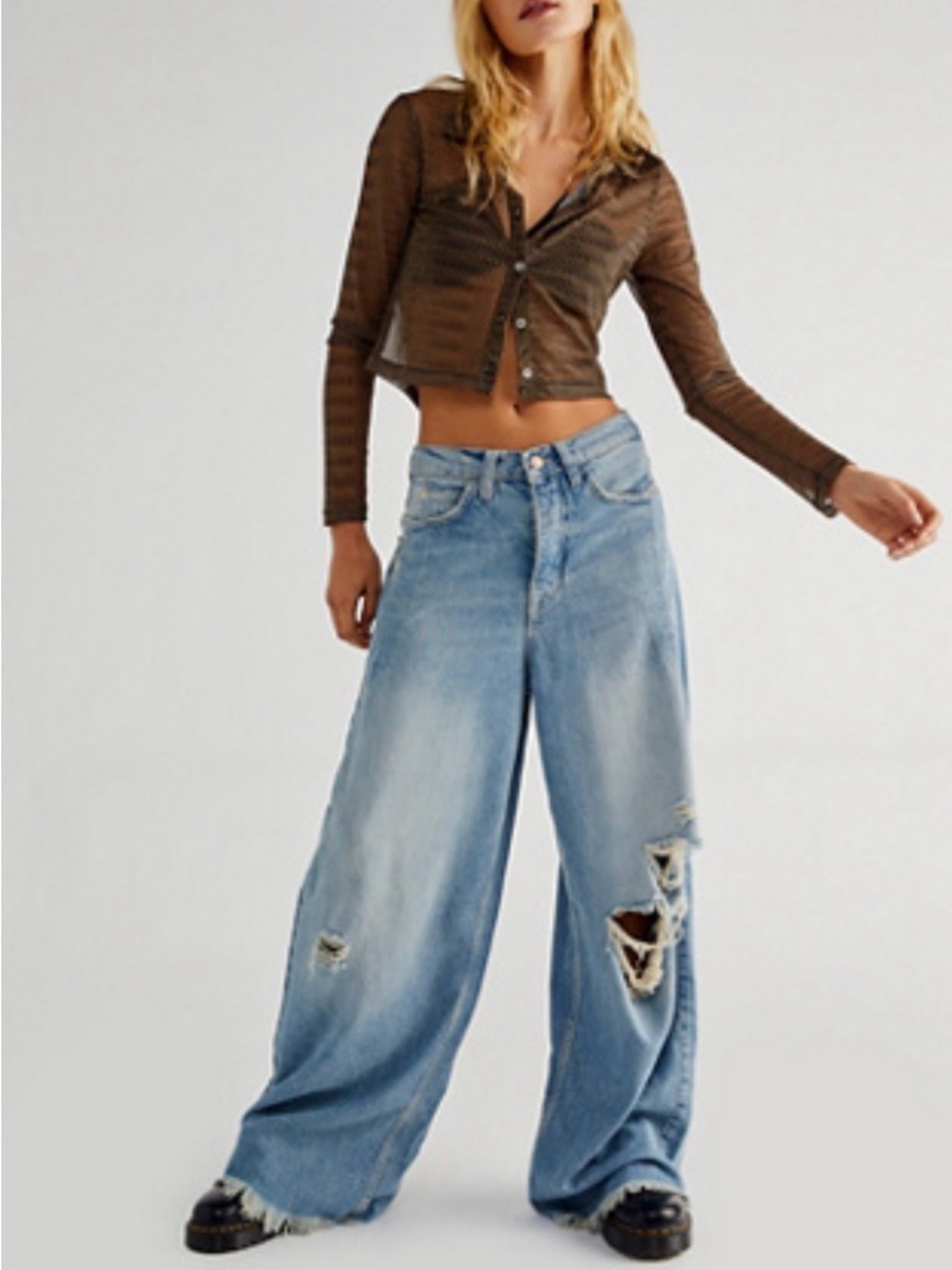 We The Free Free People Distressed Western Wide Leg Jeans Sz 34 Boho Raw Hem